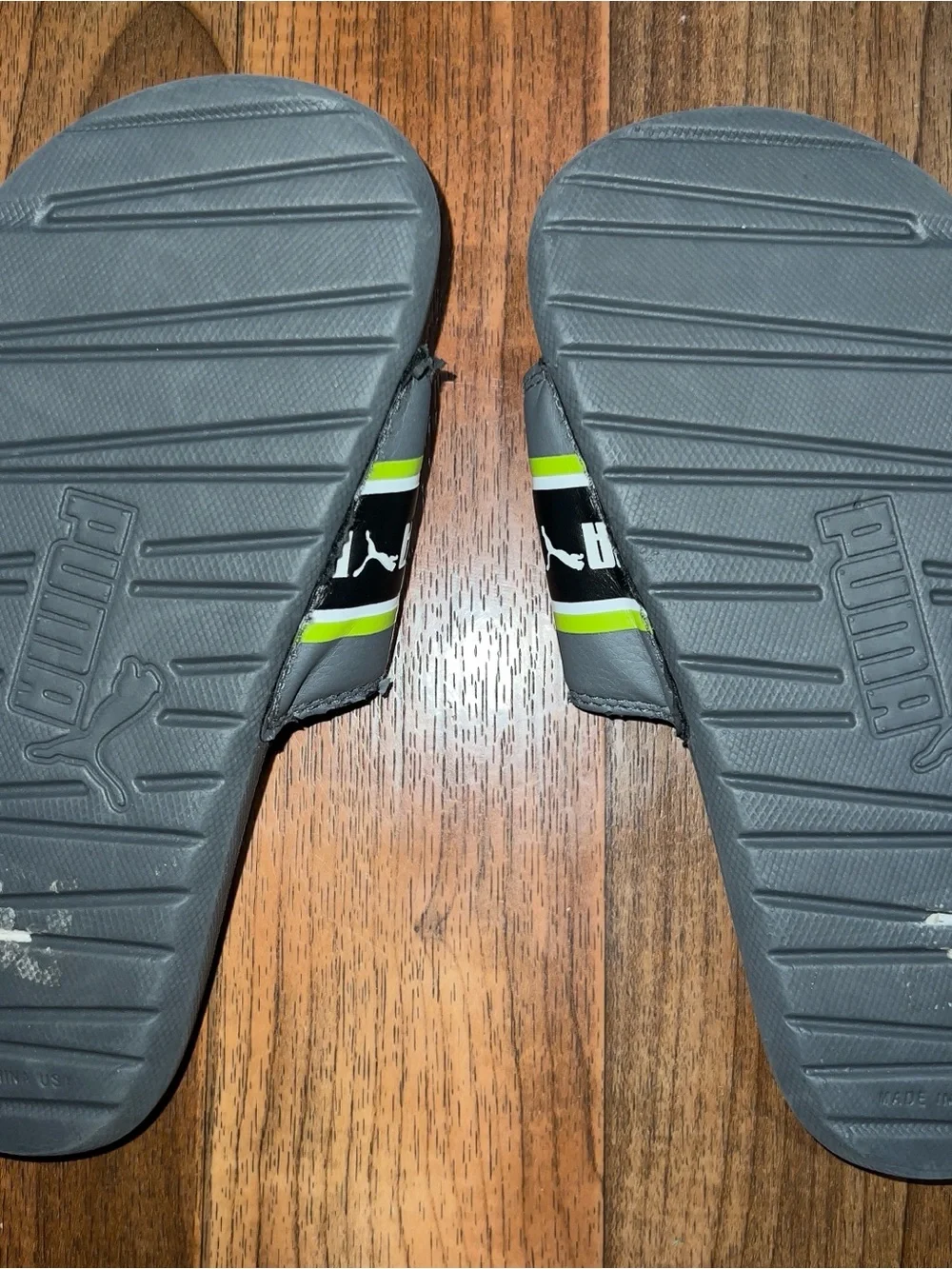 Puma Gray Slides with Neon Green and Black Stripes
